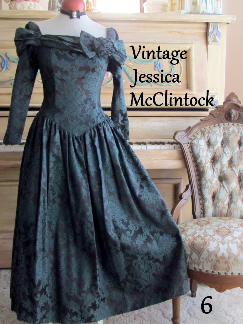 JESSICA McCLINTOCK DRESS, ROMANTIC DARK GREEN BROCADE, OFF-SHOULDER BEAUTY, VINT